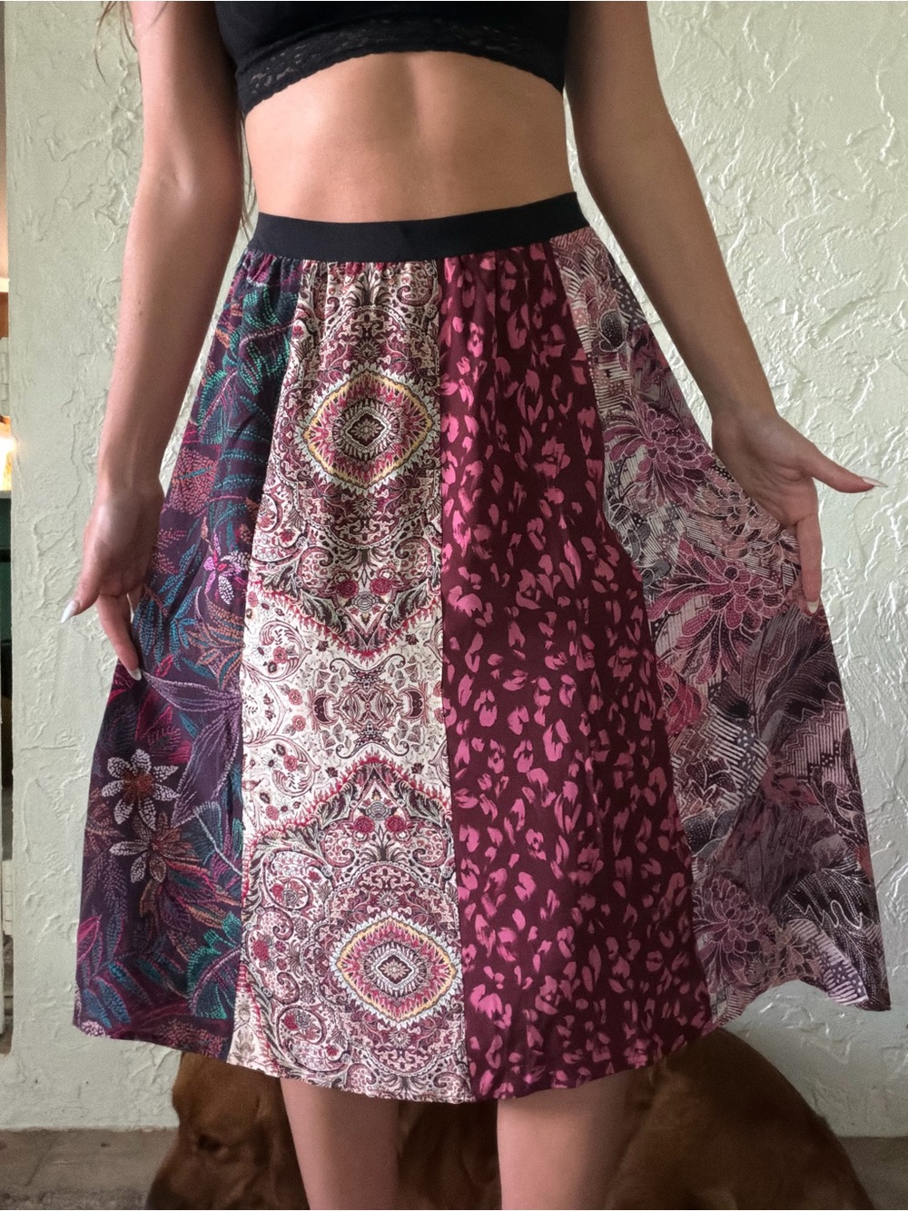 Johnny Was Patchwork A-Line Midi Skirt — Burgundy, Cream, Green, Purple